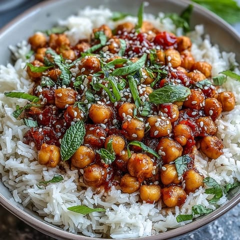 Crispy chili garlic chickpeas served over fragrant jasmine rice, topped with sesame seeds and scallions for a spicy vegan dinner.