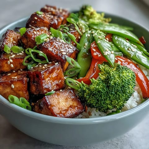 A colorful vegan stir-fry with golden crispy tofu, vibrant broccoli, and snap peas glazed in rich teriyaki sauce.