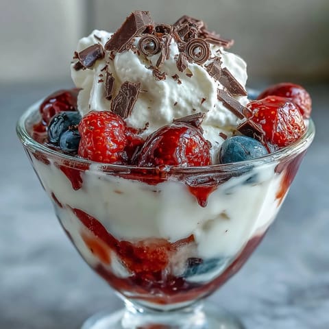 Fluffy Yogurt Berry Sundaes with Dark Chocolate Shavings topped with fresh berries and mint leaves.