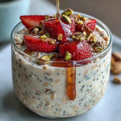Strawberry and Pistachio Overnight Oats with Honey: Creamy oats layered with juicy strawberries, crunchy pistachios, and a golden honey drizzle in a clear glass jar.