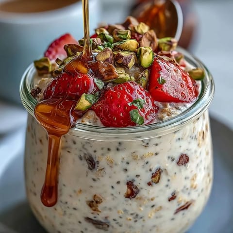 Strawberry and Pistachio Overnight Oats with Honey: Make-ahead breakfast featuring vibrant red strawberries, green pistachios, and sweet honey over a bed of wholesome oats.