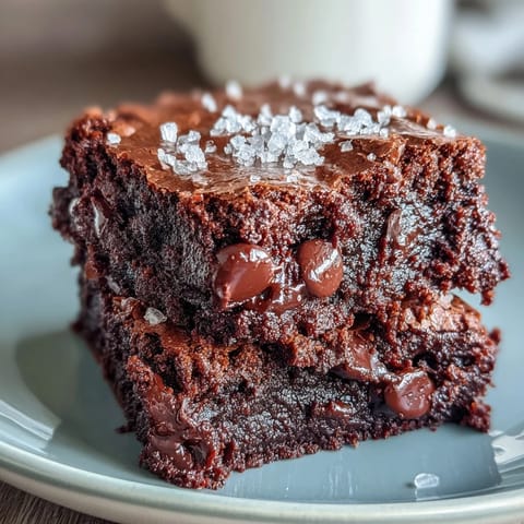 Decadent sourdough discard brownies topped with flaky sea salt, offering a rich and fudgy chocolate treat.