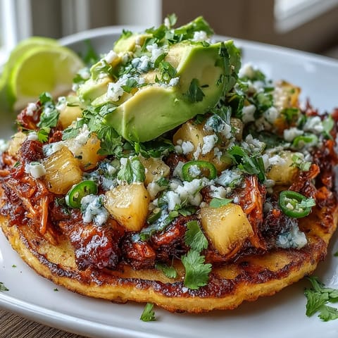 Crispy tostadas piled high with juicy chicken and fresh pineapple salsa, garnished with creamy avocado slices.  
