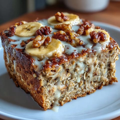High-protein banana bread baked oats in a square dish, golden brown and topped with sliced bananas and chopped walnuts.