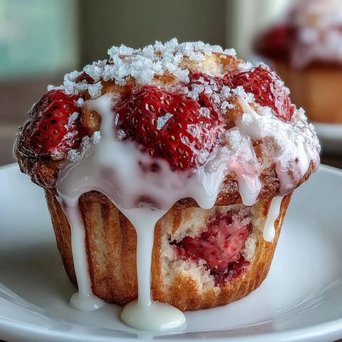 Fresh strawberry muffins with tangy lemon glaze, bursting with juicy berries and citrus aroma.