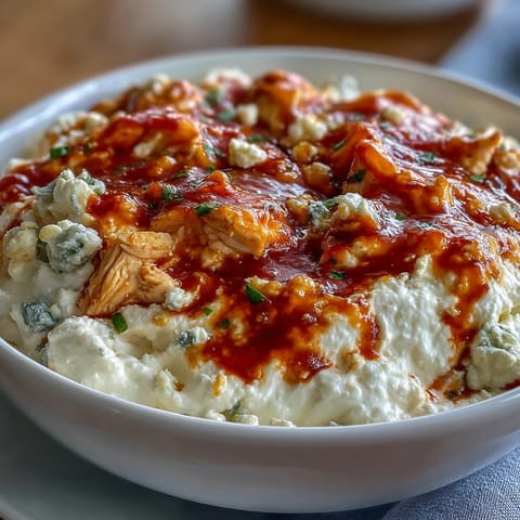Creamy Buffalo chicken dip made with blended cottage cheese and Greek yogurt, topped with melted cheddar and blue cheese crumbles for extra flavor.