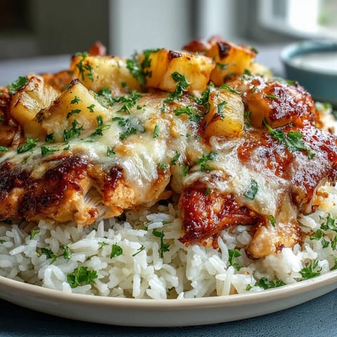 Baked Pineapple Chicken and Rice Casserole with golden melted cheese on top.