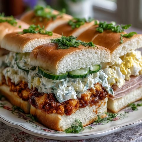 Elegant trio of classic Kentucky Derby tea sandwiches, featuring cucumber, egg salad, and ham on soft bread, arranged on a white platter for a festive Southern spread.