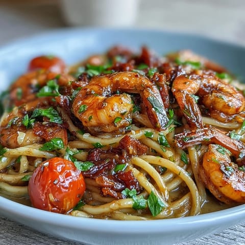 One-Pot Garlic Shrimp with Angel Hair pasta in a fragrant lemon-garlic sauce with fresh spring vegetables.
