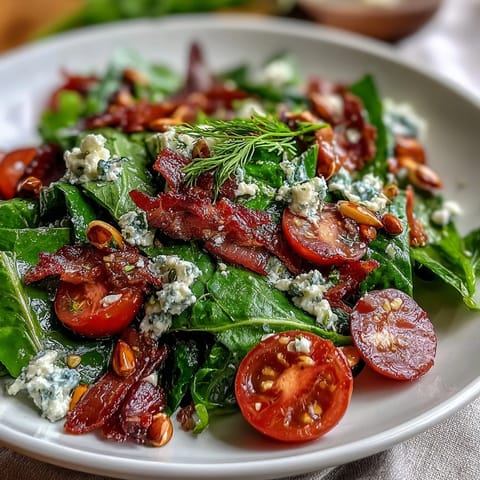 Vibrant dandelion greens salad with lemon vinaigrette and Parmesan, topped with cherry tomatoes and toasted pine nuts.