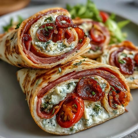 Italian Sub Pinwheel Wraps with colorful layers of deli meats and cheese, perfect for a party platter or lunchbox.  