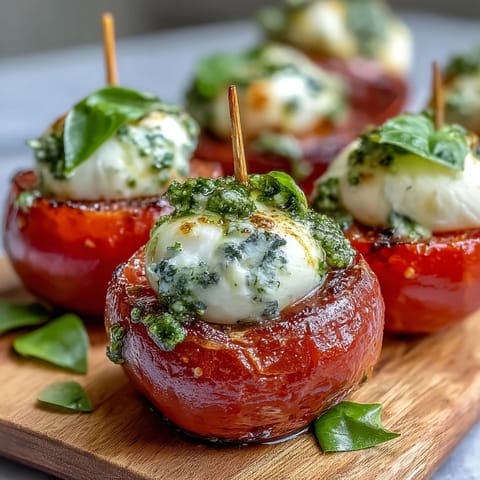 Caprese skewers with pesto drizzle on a wooden board, featuring cherry tomatoes, mozzarella balls, and fresh basil leaves.  