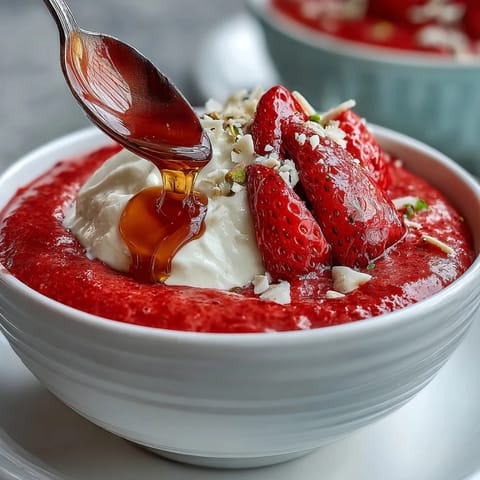 Fresh strawberry compote drizzled over Greek yogurt with nuts and honey, a vibrant breakfast bowl with bright red berries and creamy white yogurt.