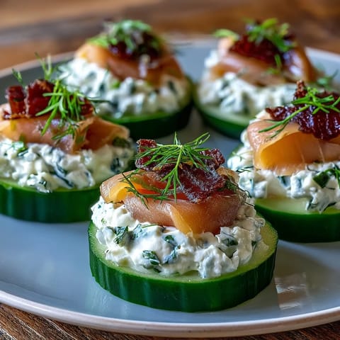 Cucumber bites with cream cheese and smoked salmon arranged on a platter, topped with capers and fresh dill for a refreshing appetizer.