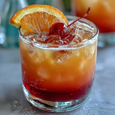 Vibrant ombre sunrise mocktail with grenadine syrup, orange, and pineapple juice, garnished with citrus and cherries for a refreshing party drink.