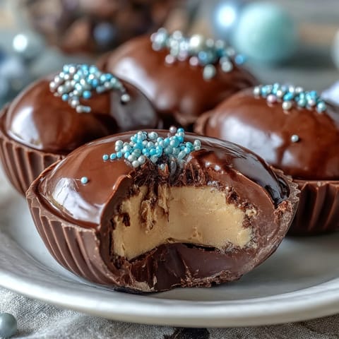 Homemade peanut butter Easter eggs with smooth centers, coated in glossy chocolate and ready for spring celebrations.