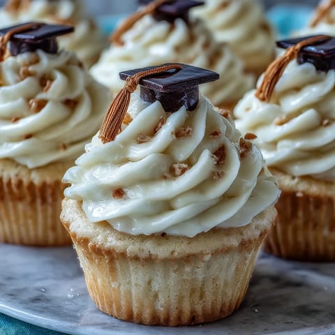 Moist vanilla cupcakes topped with buttercream and fondant graduation caps, perfect for graduation parties and academic achievements.