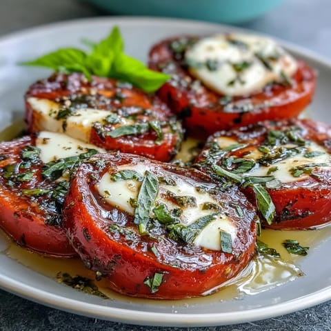 Fresh Caprese salad with basil oil drizzle, featuring ripe tomatoes and creamy mozzarella, perfect for summer dining.