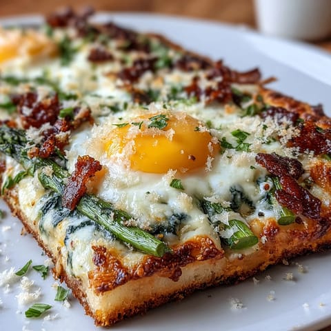 Crispy asparagus and egg flatbread with golden yolks and parmesan, perfect for brunch or a light dinner.