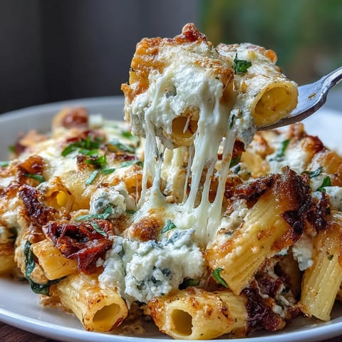 Baked penne pasta with sun-dried tomatoes, spinach, and melted mozzarella cheese in a rich tomato sauce.