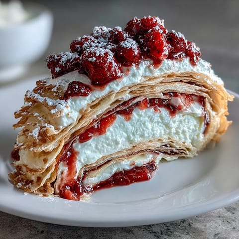 A stunning crepe roll cake layered with fluffy whipped cream and fresh berries, sliced to reveal elegant swirls of flavor.