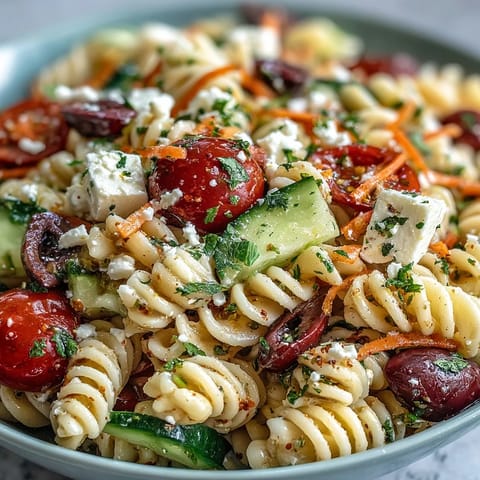 Vibrantly chilled Memorial Day Pasta Salad brimming with garden-fresh ingredients makes a perfect side.
