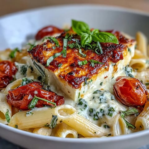 Creamy baked feta pasta dish with bursting tomatoes and fresh basil.