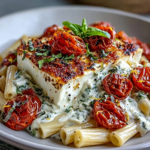 Vibrant cherry tomatoes and feta bake into a delicious pasta sauce.