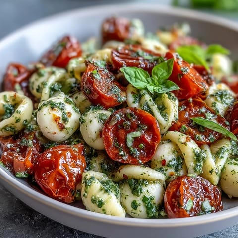 Tempting Caprese Pasta Salad with creamy mozzarella pearls and fresh basil accents.