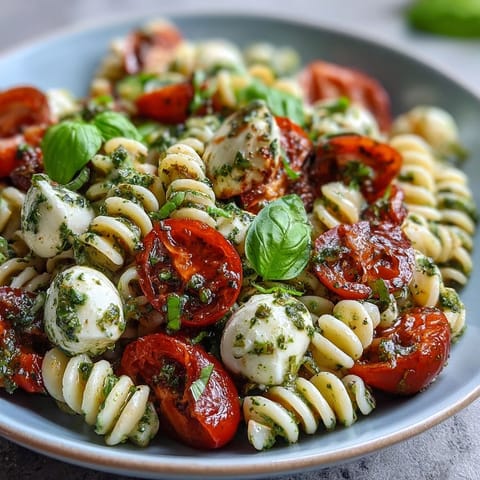 Vibrant Caprese Pasta Salad with bright tomatoes, mozzarella, and drizzled pesto.