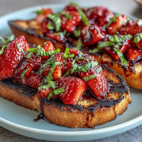 Juicy strawberries, sweet balsamic glazes crisp grilled sourdough for a delightful bite.