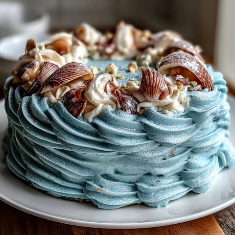 A moist vanilla Cancer Zodiac Cake, frosted with ocean blue buttercream and pearl seashells.