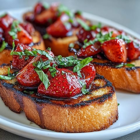 Bright Strawberry Balsamic Bruschetta on perfectly grilled sourdough slices.
