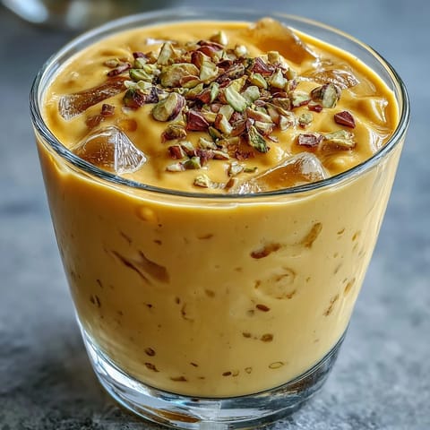 Creamy mango lassi smoothie with fragrant cardamom, perfectly blended and ready to sip.