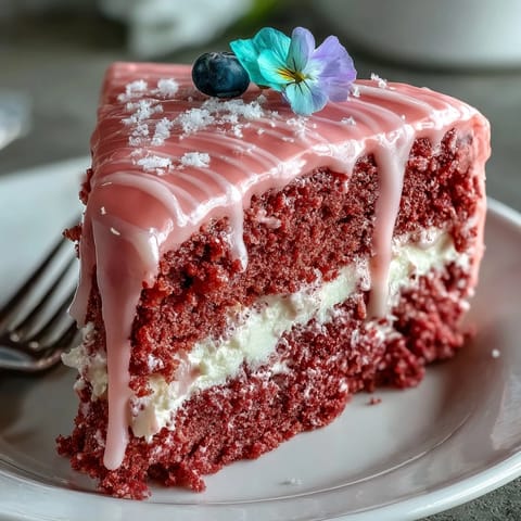 Pink velvet cake adorned with elegant edible gold drip and creamy frosting.
