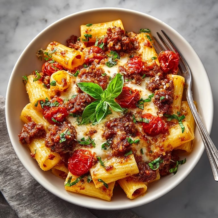 Warm, comforting One-Skillet Baked Ziti: pasta, sauce, and cheese baking to perfection.