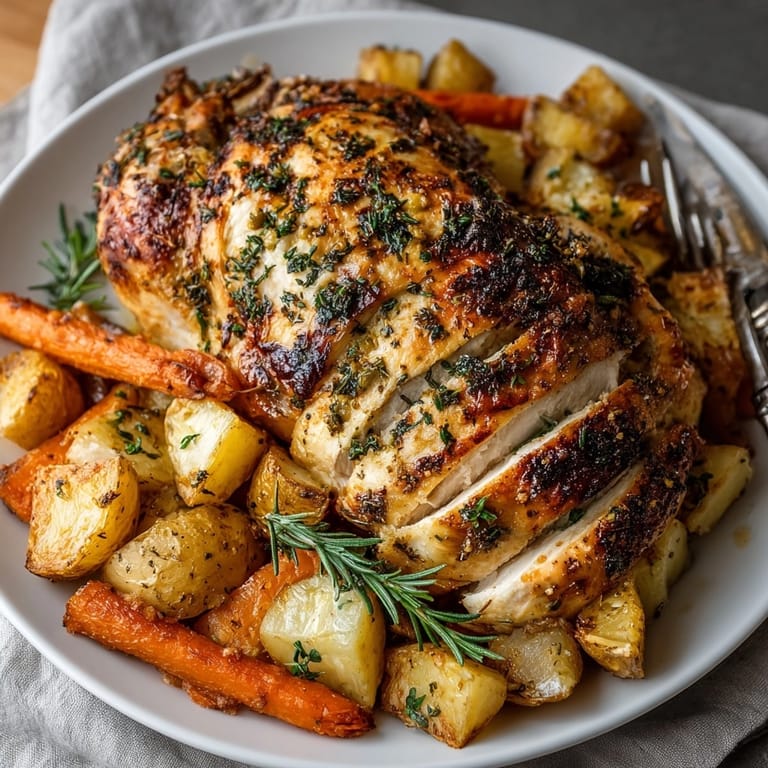 Close-up of a delicious Herb-Roasted Whole Chicken with earthy carrots and potatoes.