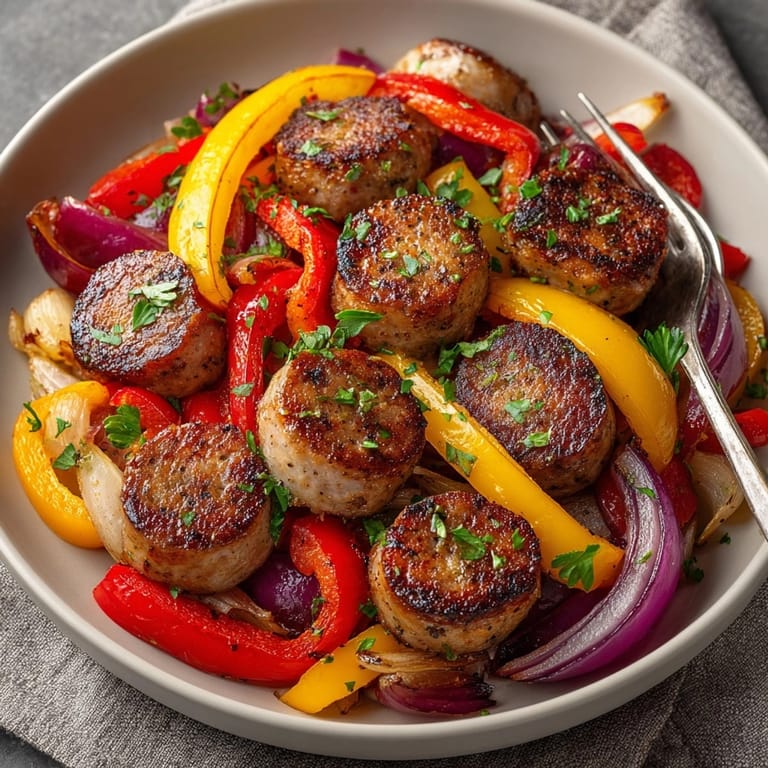 Colorful Sheet Pan Sausage and Peppers recipe: Italian sausage cooks nestled with bell peppers.