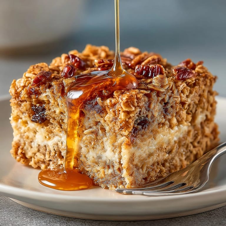 Warm Maple Brown Sugar Oatmeal Bake, sliced and ready to serve with syrup drizzle.
