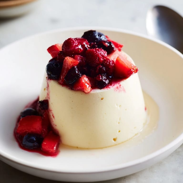 Homemade Italian Panna Cotta recipe, cooling in ramekins before adding berry sauce.