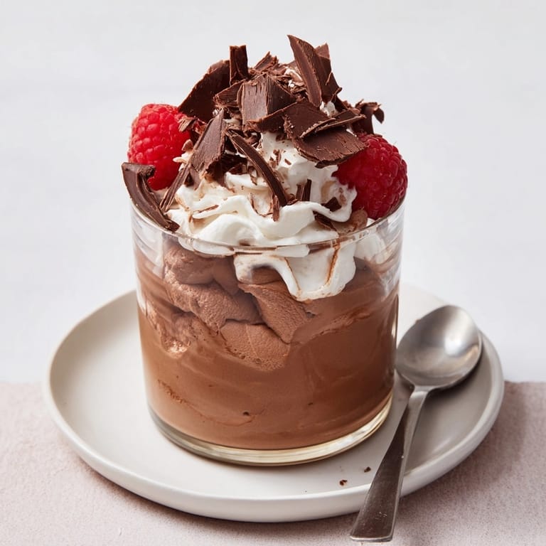 Creamy, rich Chocolate Mousse, garnished with fresh raspberries and dark chocolate shavings.
