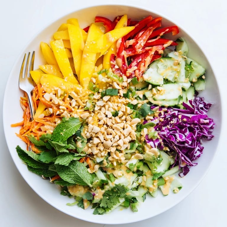 A creamy Thai Peanut Mango Veggie Salad, showing layers of textures and colors.