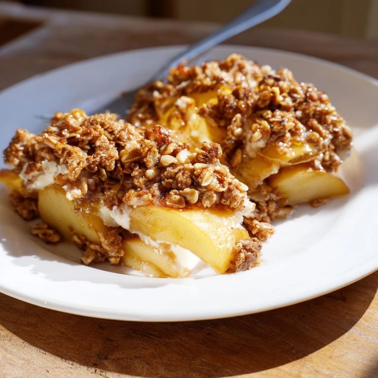 Close-up of the crispy, buttery granola topping of freshly baked Ricotta Apple Granola Crisp.