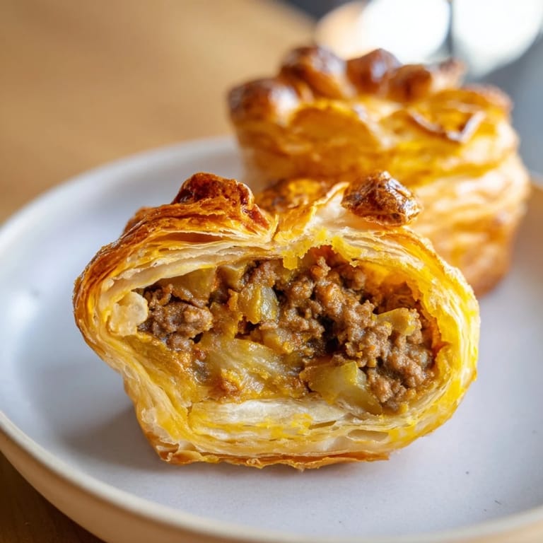 Flaky pastry encases rich Japanese curry in warm muffins, perfect for sharing with friends.