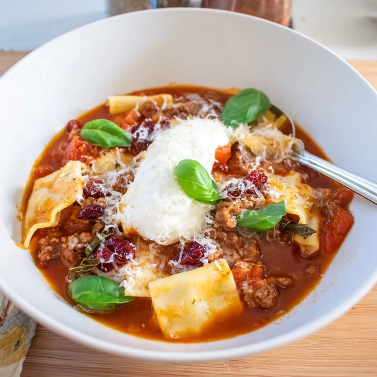 Cozy bowl of Lasagne Soup filled with tender noodles and flavorful sausage, garnished beautifully.  