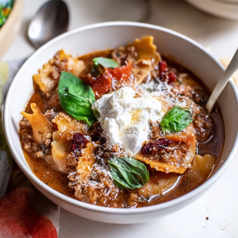 Delicious Lasagne Soup with vibrant roasted cranberries, perfect for a hearty dinner treat.