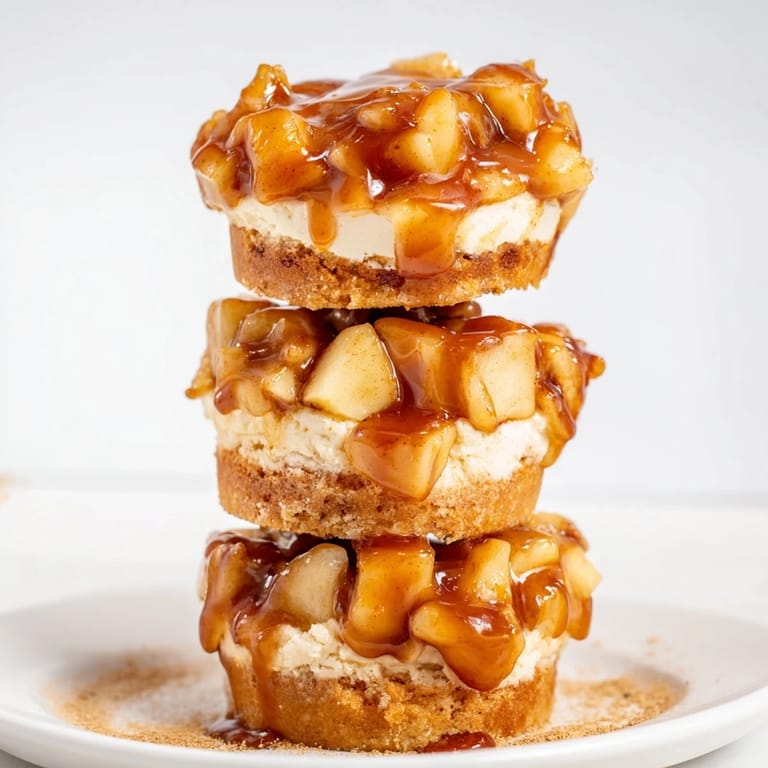 Playful, layered dessert of chai cake, cheesecake, and tender apple chunks on skewers.  