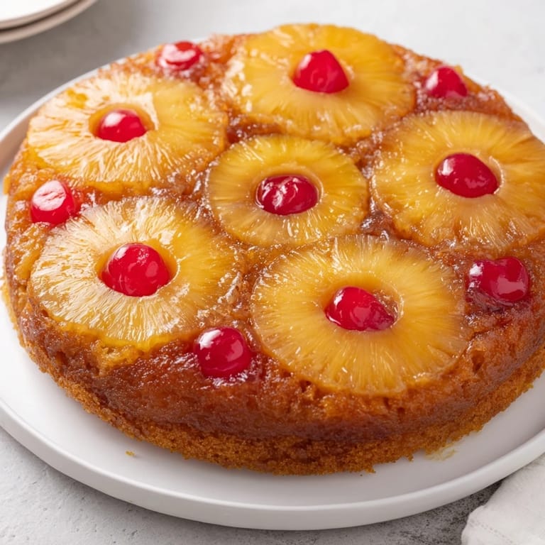 A slice of Light Pineapple Upside-Down Cake, showcasing a golden-brown crust and vibrant pineapple.