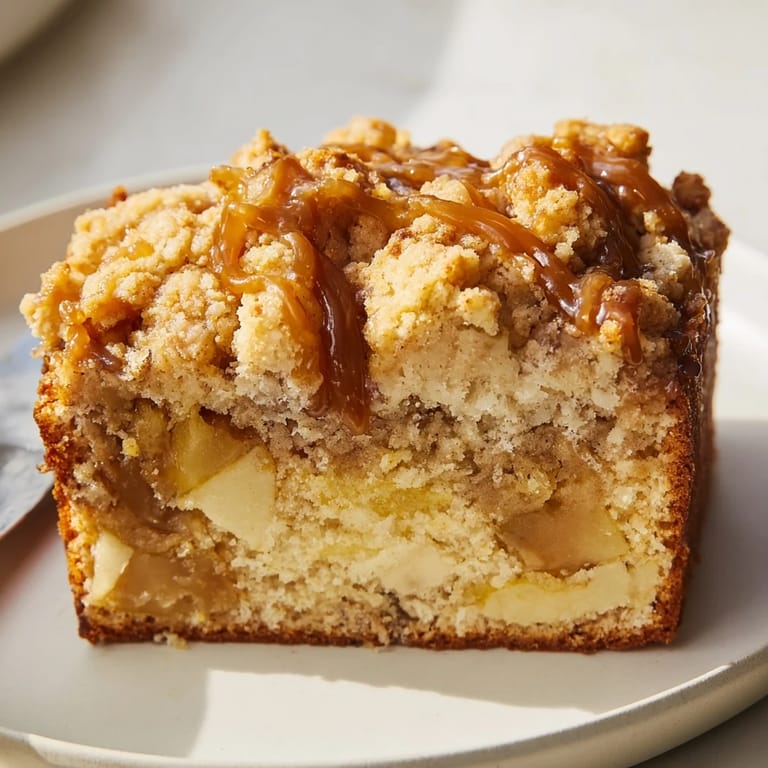 Moist cream soda caramel apple muffin loaf drizzled with rich caramel sauce, perfect for dessert.  