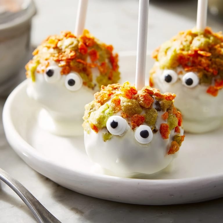 Delightfully spicy, Flamin Hot Dill Pickle Sweet Potato Monster Cake Pops captivate adventurous eaters.  